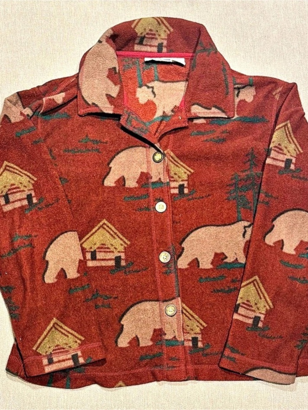90s NorthCrest Bear Print Fleece Jacket in Red Medium